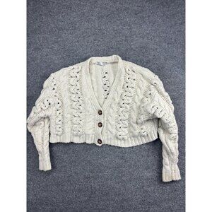 Zara Cardigan Sweater Womens Medium Cream Chunky Cable Knit Cropped Button Front